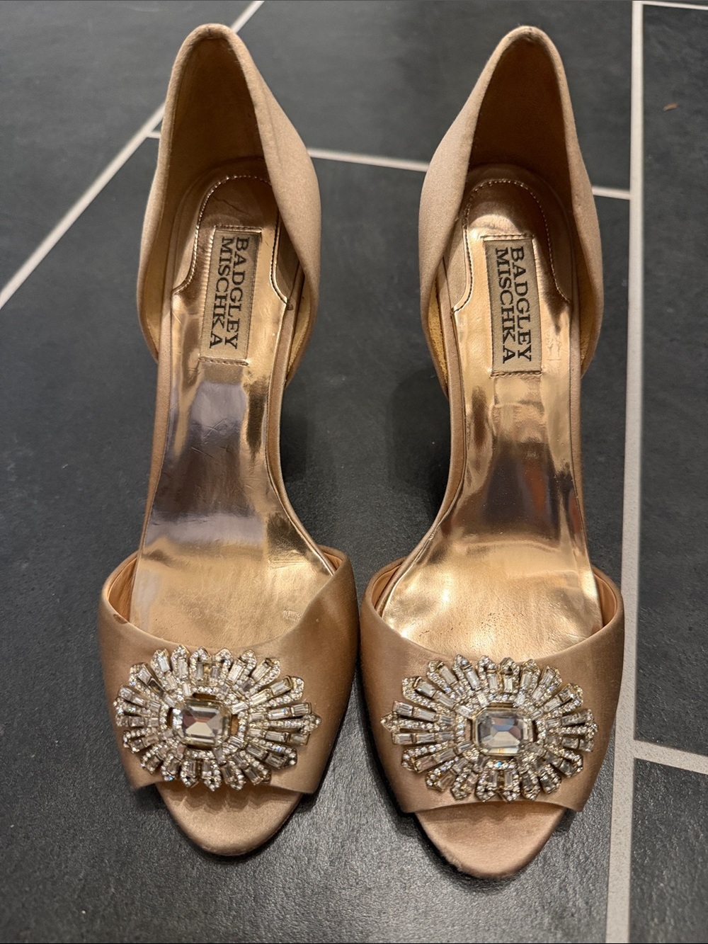 Badgley Mischka Champagne Gold Satin Jeweled Peep-Toe Heels